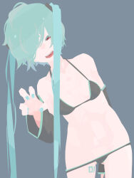  absurdres alternate_eye_color bikini black_bikini black_sleeves blue_hair blue_nails breasts claw_pose commentary_request cowboy_shot detached_sleeves female fingernails grey_background hair_between_eyes hair_over_one_eye hara_id_21 hatsune_miku highres leaning_to_the_side leg_tattoo long_bangs long_hair looking_at_viewer lowleg lowleg_bikini no_lineart number_tattoo open_mouth red_eyes simple_background small_breasts smile solo swimsuit tattoo twintails very_long_hair vocaloid 