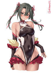  artist_name bare_shoulders black_leotard blush breasts brown_eyes commentary_request cosplay covered_navel dark_skin ebifurya elbow_gloves female fingerless_gloves gloves green_hair hair_between_eyes hair_ribbon highres kantai_collection leotard long_hair looking_at_viewer lowleg lowleg_skirt medium_breasts mizuki_yukikaze mizuki_yukikaze_(cosplay) one-hour_drawing_challenge red_ribbon red_skirt ribbon simple_background skirt sleeveless_turtleneck_leotard smile solo taimanin_(series) taimanin_suit taimanin_yukikaze twintails twitter_username white_background zuikaku_(kancolle) 