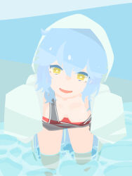  blue_hair breasts bright_pupils caustics character_request check_character commentary_request cowboy_shot female grey_tank_top hair_between_eyes hara_id_21 highres hood hood_up hoodie leaning_forward long_hair looking_at_viewer medium_bangs no_lineart open_clothes open_hoodie open_mouth small_breasts smile solo station_memories tank_top tendai_yako wading water white_hoodie white_pupils yellow_eyes 