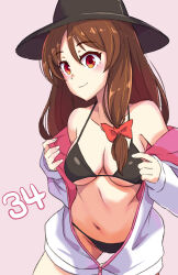  bikini black_bikini black_hat brown_eyes collarbone commentary_request cowboy_shot fedora female hat highres hood hoodie jack_(wkm74959) long_hair long_sleeves medium_hair navel off_shoulder one-hour_drawing_challenge partially_unzipped single_sidelock solo stomach swimsuit touhou undressing usami_renko white_hoodie 