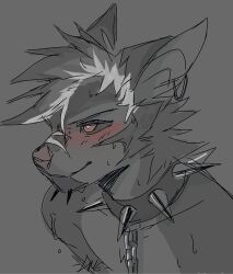  2024 angiewolf anthro biped black_body black_fur black_sclera bodily_fluids canid canine canis collar fur leash leashed_collar male mammal nose_scar nude_anthro nude_male red_eyes solo spiked_collar spikes sweat sweatdrop sweaty_body wolf 