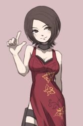  ada_wong ada_wong_(cosplay) bare_shoulders black_choker brown_eyes brown_hair choker cosplay cowboy_shot dress female hand_up holster idolmaster idolmaster_cinderella_girls idolmaster_cinderella_girls_starlight_stage index_finger_raised medium_hair nexs_(akl) red_dress resident_evil simple_background sleeveless sleeveless_dress smile solo thigh_holster togo_ai 