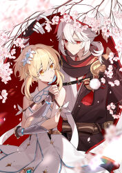  1boy absurdres arm_armor arm_under_breasts arm_up bandaged_arm bandaged_hand bandages bare_shoulders black_gloves blonde_hair branch breasts cherry_blossoms cleavage cloak closed_mouth commentary_request couple cowboy_shot crossed_bangs detached_sleeves dress falling_petals female fingerless_gloves flower genshin_impact gloves hair_between_eyes hair_flower hair_ornament hand_up highres hoxino japanese_clothes kaedehara_kazuha long_hair looking_at_another looking_back lumine_(genshin_impact) medium_breasts multicolored_hair parted_lips petals ponytail red_eyes red_hair short_hair_with_long_locks straight streaked_hair white_dress white_hair yellow_eyes 