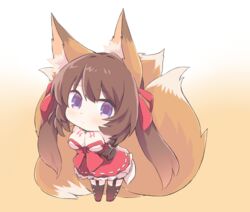  arms_behind_back blue_eyes brown_hair caleen_keemosn chibi choker cleavage commission cute eyebrows_visible_through_hair female fluffy fox_ear fox_girl fox_tail garter garter_belt garter_straps hair_ribbon kemonomimi kitsunemimi large_breasts looking_at_viewer miko multiple_tails rudobekia runes safe_for_work simple_background star_ocean star_ocean_anamnesis thighhighs twintails very_long_hair wholesome 