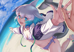  beach bikini bikini_under_clothes blowhole blue_eyes blue_hair blue_sky breasts cardigan cetacean_tail choker cloud common_bottlenose_dolphin_(kemono_friends) day dolphin_girl dorsal_fin drawstring dutch_angle female fins fish_tail fisheye foreshortening grey_hair hair_between_eyes happy head_back head_fins highres hood hood_down hooded_cardigan horizon kemono_friends kosai_takayuki light_blush long_sleeves looking_at_viewer md5_mismatch medium_hair multicolored_hair navel ocean open_cardigan open_clothes open_mouth outdoors outstretched_arms parted_bangs pov pov_hands running sand sandals sky small_breasts smile solo_focus spread_arms stomach swimsuit tail unzipped water white_hair zipper 