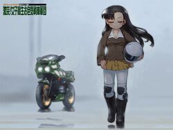  asymmetrical_bangs black_footwear black_hair boots brown_jacket chi-hatan_military_uniform closed_eyes closed_mouth copyright_name facing_viewer female fog gekitotsu!_joshikousei_oiroke_sensha_gundan girls_und_panzer helmet holding jacket kamen_rider kamen_rider_black_(series) knee_boots knee_pads light_smile long_hair long_sleeves military military_uniform motor_vehicle motorcycle motorcycle_helmet nishi_kinuyo outdoors pants pants_under_skirt parody pleated_skirt reflection sankuma shirt short_hair skirt uniform vehicle_request white_legwear white_pants yellow_skirt 