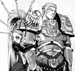  1boy adeptus_astartes ahoge ahoge_wag anklet armor armored_dress belt cape closed_mouth commentary couple eldar english_commentary expressive_hair female greyscale height_difference jewelry lewdanon locked_arms monochrome primarch roboute_guilliman shoulder_armor simple_background spot_color straight third-party_source ultramarines warhammer_40k yvraine 