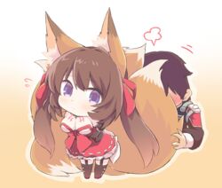  1boy 1girls arms_behind_back blue_eyes blush brown_hair caleen_keemosn chibi choker cleavage commission cute eyebrows_visible_through_hair faceless_male female fluffy fox_ear fox_girl fox_tail garter garter_belt garter_straps hair_ribbon kemonomimi kitsunemimi large_breasts looking_at_viewer miko military_uniform motion_lines multiple_tails rudobekia runes safe_for_work simple_background star_ocean star_ocean_anamnesis sweat thighhighs twintails very_long_hair wholesome 