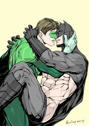  2boys abs animification artist_name bara batman batman_(series) black_cape black_gloves bodysuit bodysuit_pull boots brown_hair bruce_wayne cape dc_comics domino_mask evinist gloves green_bodysuit green_lantern grey_bodysuit hal_jordan highres jewelry large_pectorals looking_at_another male_focus mask multiple_boys muscular muscular_male pectorals ring short_hair simple_background white_gloves yaoi 