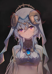  absurdres black_background blue_hair breasts brooch commentary_request cosplay crop_top female ganyu_(genshin_impact) genshin_impact hair_between_eyes head_tilt highres horns jewelry long_hair long_sleeves looking_at_viewer midriff nilou_(genshin_impact) nilou_(genshin_impact)_(cosplay) purple_eyes qixia simple_background small_breasts smile solo stomach upper_body veil very_long_hair 