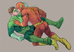  2boys animification artist_name ass bara barry_allen bodysuit boots brown_hair closed_mouth couple dc_comics evinist gloves green_bodysuit green_lantern green_lantern_(series) grey_background hal_jordan jewelry large_pectorals male_focus mask multiple_boys muscular muscular_male pectorals red_bodysuit ring short_hair simple_background smile the_flash the_flash_(series) yaoi 