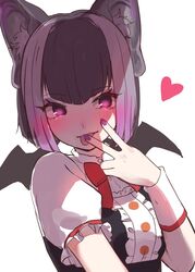  :p animal_ears bat_ears bat_girl bat_wings black_hair blush bow bowtie center_frills chicha_(chi_cha_rigbo) collared_shirt commentary_request common_vampire_bat_(kemono_friends) female finger_to_tongue frills heart highres kemono_friends kemono_friends_3 multicolored_hair nail_polish puffy_short_sleeves puffy_sleeves purple_eyes purple_hair purple_nails red_bow red_bowtie shirt short_hair short_sleeves sleeve_cuffs solo tongue tongue_out two-tone_hair v v_over_mouth white_sleeves wings 