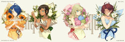  4girls ahoge aonuma_neiru aqua_eyes artist_name bare_arms bare_shoulders blue_choker blue_dress blue_eyes blue_flower blue_hair blue_ribbon bouquet bow bracelet branch brown_hair brown_ribbon calla_lily chinese_text choker closed_eyes closed_mouth collarbone commentary copyright_name cropped_legs dark-skinned_female dark_skin dated dress earrings english_text eyes_visible_through_hair favilia flower green_ribbons grey_background grey_hair hair_ornament hair_over_one_eye hairclip hands_up heart heterochromia highres holding holding_bouquet hydrangea jewelry kawai_rika leaf long_hair looking_at_viewer mole mole_under_eye multicolored_hair multiple_girls neck_ribbon necklace off-shoulder_dress off_shoulder ooto_ai orange_dress orange_eyes orange_flower own_hands_together pink_flower pink_hair pink_rose ribbon rose sawaki_momoe short_hair single_sidelock sleeveless sleeveless_dress smile strapless strapless_dress streaked_hair sunflower symbol-only_commentary triangle_hair_ornament tulip upper_body waist_bow white_dress white_flower white_ribbon white_rose white_tulip wonder_egg_priority 