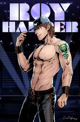  1boy abs arm_tattoo arsenal_(dc) artist_name bara baseball_cap belt black_belt black_hat black_pants character_name dc_comics evinist hat highres large_pectorals male_focus muscular muscular_male navel nipples pants pectorals red_hair roy_harper short_hair smile solo tattoo topless_male wristband young_justice 