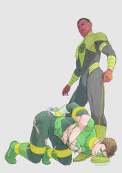  2boys abs animification artist_name ass bara black_bodysuit black_hair bodysuit boots bound bound_arms bound_wrists closed_mouth colored_skin dc_comics domino_mask evinist facial_hair gloves green_lantern green_lantern_(series) grey_background hal_jordan highres holding holding_leash jewelry large_pectorals leash male_focus mask moustache multiple_boys muscular muscular_male nipples pectorals red_skin ring short_hair simple_background sinestro smile torn_bodysuit torn_clothes torn_mask white_gloves yaoi yellow_bodysuit 