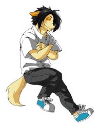  2015 anthro bird_dog black_hair black_nose blue_clothing blue_footwear blue_shoes bottomwear canid canine canis cel_shading clothing colored countershade_ears countershading crossed_arms domestic_dog footwear fur grey_bottomwear grey_clothing grey_pants hair hunting_dog kotobuki529 kyouji_(morenatsu) labrador male mammal morenatsu multicolored_body multicolored_fur orange_body orange_countershading orange_fur pants retriever shaded shirt shoes simple_background sitting solo tan_body tan_fur topwear two_tone_body two_tone_fur white_background white_clothing white_shirt white_topwear 