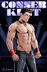  1boy abs animal_collar artist_name bara belt black_belt black_hair black_pants blush character_name chippendales closed_mouth collar conner_kent dc_comics evinist highres kon-el large_pectorals magic_mike male_focus male_stripper muscular muscular_male navel nipples pants pectorals short_hair solo superboy topless_male wristband young_justice 