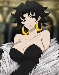  betty_boop betty_boop_(series) black_dress black_eyes black_hair breasts coat dress earrings female fur_coat gold_earrings highres hoop_earrings jewelry lips medium_breasts messy_hair omiza_somi pink_lips short_hair theater white_fur 