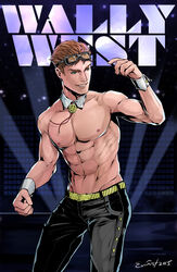  1boy abs artist_name belt black_pants character_name chippendales dc_comics detached_collar evinist eyewear_on_head highres magic_mike male_focus male_stripper navel nipples pants red_hair short_hair smile solo topless_male wally_west wrist_cuffs yellow_belt young_justice 