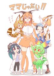  &gt;_&lt; 1boy 5girls absurdres aged_down animal_ears bag bare_shoulders black_hair black_legwear black_pants blue_eyes blue_hair blue_vest blush boots bow bowtie bucket_hat capri_pants caracal_(kemono_friends) cellval commentary elbow_gloves feather_hair_ornament feathers food gazelle_ears gazelle_horns gazelle_tail gloves green_gloves green_hair green_legwear green_skirt hair_ornament hairbow hat hat_feather high-waist_skirt highres japari_bun kako_(kemono_friends) kemono_friends kemono_friends_2 kyururu_(kemono_friends) lab_coat light_brown_hair lolicon long_sleeves messenger_bag miji_doujing_daile multicolored_hair multiple_girls no_shoes oerba_yun_fang open_mouth pants pantyhose pleated_skirt print_gloves print_skirt print_thighhighs red_eyes serval_(kemono_friends) serval_print shirt short_hair short_sleeves shorts shoulder_bag sidelocks skirt sleeveless socks tail thighhighs thomson&#039;s_gazelle_(kemono_friends) traditional_bowtie translated vest white_shirt white_skirt yellow_eyes zettai_ryouiki 