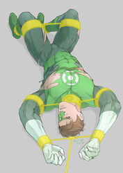  1boy animification artist_name bara black_bodysuit bodysuit boots bound bound_arms bound_legs bound_wrists brown_hair covered_abs dc_comics domino_mask evinist gloves green_bodysuit green_lantern green_lantern_(series) grey_background hal_jordan highres jewelry large_pectorals male_focus mask muscular muscular_male nipples pectorals restrained ring short_hair simple_background solo thick_thighs thighs torn_bodysuit torn_clothes torn_mask two-tone_bodysuit white_gloves 