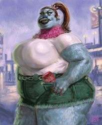  2023 anthro ass avian background_signs beak big_breasts big_butt bird black_beak blue_body blue_feathers blue_markings bottomwear breasts brown_hair chain_belt cigarette_box clothed clothing columbid cutoffs denim denim_bottomwear denim_clothing dusk dyna_soar ear_piercing ear_ring eyebrows eyelashes feathers female gas_station grey_body grey_feathers hair hand_on_hip hi_res impressionist_background jess_(character) magenta_feathers markings nails neck_tuft outside overweight overweight_female piercing pigeon pink_body pink_feathers ponytail portrait purple_background ring_piercing shirt shorts sign signature simple_background solo street street_lamp t-shirt thick_thighs three-quarter_portrait topwear truck_stop tuft white_clothing white_shirt white_t-shirt white_topwear yellow_eyes 