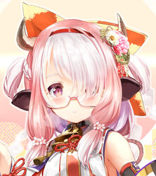  animal_collar animal_ears bell black_collar bow braid breasts cherry_blossoms collar commentary_request cow_ears cow_girl cow_horns cowbell crown_braid detached_sleeves female flower glasses hair_flower hair_ornament hair_over_one_eye hair_over_shoulder hairband hairbow highres horns japanese_clothes kiryuu_takahisa kojitsunagi_(pattern) large_breasts light_blush long_hair looking_at_viewer original parted_lips pink_eyes pink_hair purple-framed_eyewear red_bow red_hairband sayagata semi-rimless_eyewear shirt sidelocks sleeveless sleeveless_shirt solo under-rim_eyewear white_shirt 