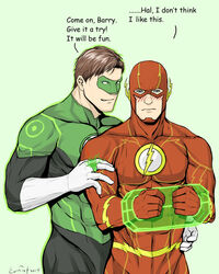  2boys animification bara barry_allen black_bodysuit blush bodysuit bound bound_wrists brown_hair closed_mouth dc_comics domino_mask english_text evinist gloves green_bodysuit green_lantern green_lantern_(series) hal_jordan jewelry large_pectorals looking_at_another male_focus mask multiple_boys muscular muscular_male pectorals red_bodysuit restrained ring short_hair simple_background smile the_flash the_flash_(series) two-tone_bodysuit white_gloves yaoi 