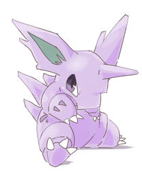  3_claws 3_toes 5:6 ambiguous_gender chaba claws feet feral generation_1_pokemon green_inner_ear hi_res looking_at_viewer monotone_body nidorino nintendo pokemon pokemon_(species) purple_body purple_eyes simple_background solo toes white_background 