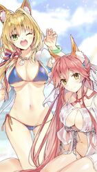  2girls ahoge animal_ear_fluff animal_ears bad_id bad_twitter_id bare_shoulders bikini blonde_hair blue_bikini blush breasts cleavage collarbone cosplay costume_switch criss-cross_halter fate/grand_order fate_(series) fox_ears fox_girl fox_tail green_eyes hair_between_eyes hair_intakes halterneck highres jewelry large_breasts long_hair looking_at_viewer multiple_girls navel necklace nero_claudius_(fate) nero_claudius_(swimsuit_caster)_(fate) nero_claudius_(swimsuit_caster)_(fate)_(cosplay) nero_claudius_(swimsuit_caster)_(third_ascension)_(fate) one_eye_closed open_mouth pink_hair red_bikini side-tie_bikini_bottom sidelocks smile striped_bikini striped_clothes swimsuit tail tamamo_(fate) tamamo_no_mae_(swimsuit_lancer)_(fate) tamamo_no_mae_(swimsuit_lancer)_(fate)_(cosplay) tamamo_no_mae_(swimsuit_lancer)_(third_ascension)_(fate) thighs tomozero yellow_eyes 