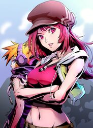  1boy blonde_hair cabbie_hat crop_top crossed_arms datcravat female groin hat headphones highres long_hair looking_at_viewer looking_back midriff misaki_shiki navel parted_lips pink_eyes pink_hair purple_eyes purple_headphones sakuraba_neku sleeveless subarashiki_kono_sekai twitter_username 