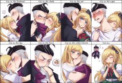  1boy black_bow black_hair black_jacket blonde_hair blush bow braid cham-p closed_eyes criis-chan danganronpa_(series) danganronpa_2:_goodbye_despair dress earrings female from_side grey_hair hairbow hamster hands_up heart jacket jewelry kiss_chart kissing kissing_cheek kissing_ear kissing_forehead kissing_hand kissing_neck long_hair multicolored_hair multiple_drawing_challenge multiple_views open_mouth pink_scarf puffy_short_sleeves puffy_sleeves red_bow scarf short_hair short_sleeves sonia_nevermind straight straight_hair sweater tanaka_gundham two-tone_hair very_short_hair white_sweater 