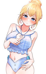  absurdres bare_shoulders bikini bikini_pull blonde_hair blue_bikini blue_eyes blush breasts chillout_tang cleavage closed_mouth clothes_pull clothing_cutout collarbone cowboy_shot earrings female frilled_bikini frills hair_bun highres hololive hololive_english jewelry large_breasts looking_at_viewer mole mole_on_breast navel necklace official_alternate_hairstyle shell shell_necklace simple_background swimsuit virtual_youtuber watson_amelia white_background 