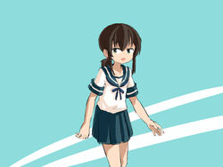  aqua_background black_hair blue_sailor_collar blue_skirt cowboy_shot english_commentary female fubuki_(kancolle) green_eyes kantai_collection long_hair looking_at_viewer low_ponytail one-hour_drawing_challenge pleated_skirt ponytail sailor_collar school_uniform serafuku short_ponytail sidelocks sixten skirt solo two-tone_background 