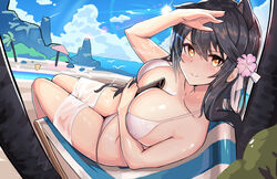  animal_ears atago_(azur_lane) atago_(summer_march)_(azur_lane) azur_lane beach bikini black_hair blush breasts brown_eyes cleavage collarbone commentary_request female flower hair_flower hair_ornament highres large_breasts long_hair looking_at_viewer lying official_alternate_costume outdoors simple_background solo swimsuit team_moka white_bikini 