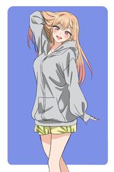  absurdres barbell_piercing bare_legs blonde_hair blue_background blush commentary ear_piercing earrings fake_nails female grey_hoodie hand_in_own_hair highres hood hoodie jewelry kitagawa_marin multicolored_hair official_art outline piercing pink_hair red_eyes round_teeth solo sono_bisque_doll_wa_koi_wo_suru teeth tongue white_outline yamazaki_jun 