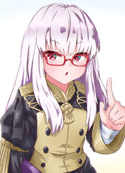  absurdres bespectacled chestnut_mouth commentary_request female fire_emblem fire_emblem:_three_houses fire_emblem_heroes garreg_mach_monastery_uniform glasses highres lillian8710 long_hair long_sleeves lysithea_von_ordelia open_mouth pink_eyes red-framed_eyewear simple_background solo uniform upper_body white_hair 