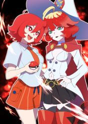  2girls :d absurdres arikindows10 blonde_hair boots breast_pocket bright_pupils collared_shirt colored_eyelashes commentary_request commission cosplay costume_switch crossover freckles green_eyes hand_on_own_hip hat highres holding holding_poke_ball lipstick little_witch_academia makeup mela_(pokemon) mela_(pokemon)_(cosplay) multicolored_hair multiple_girls nail_polish naranja_academy_school_uniform navel necktie open_mouth orange_necktie orange_shorts outline pixiv_commission pleated_skirt pocket poke_ball poke_ball_(basic) pokemon pokemon_sv red_eyes red_footwear red_hair red_nails school_uniform shiny_chariot shiny_chariot_(cosplay) shirt short_sleeves shorts skirt smile teeth thigh_boots tongue two-tone_hair upper_teeth_only white_headwear white_pupils witch_hat 