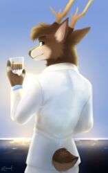  absurd_res alcohol anthro antlers beverage blue_eyes brown_body brown_fur cervine clothing container content_smile cup deer depth_of_field drinking_glass elk fingers fluffy fur glass glass_container glass_cup hako_frost head_tuft hi_res hooved_fingers hooves horn lake looking_at_viewer looking_back male mammal neck_tuft scut_tail shoreline short_tail solo suit sunset tail tomiwoof tuft white_clothing white_suit 