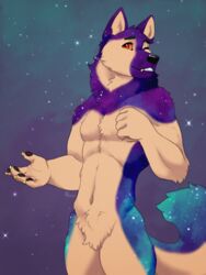  2022 5_fingers anthro blue_body blue_fur canid canine canis cosmic_background digital_media_(artwork) domestic_dog fingers fur husky laws male mammal navel nordic_sled_dog noviraine orange_sclera red_eyes smile solo spitz 