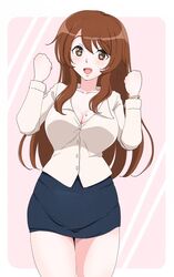  :d aged_up arms_up asahina_mikuru asahina_mikuru_(adult) black_skirt blush border bracelet breasts brown_eyes brown_hair cleavage commentary_request female hair_between_eyes heart highres jewelry large_breasts long_hair long_sleeves looking_at_viewer mole mole_on_breast open_mouth osage_gankyou pencil_skirt pink_background shirt skirt smile solo suzumiya_haruhi_no_yuuutsu thighs white_border white_shirt 