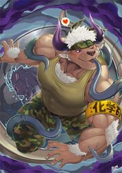  1boy animal_ears bara bare_arms bare_shoulders blush brown_fur bulge camouflage camouflage_pants chest_hair covered_abs covered_nipples cow_ears cow_horns dynamic_pose flaming_eye flying_sweatdrops foreshortening furry furry_male green_tank_top headband horns huge_weapon jaguar_boy large_pectorals licking looking_away looking_to_the_side male_focus minotaur mumuthelion muscular muscular_male one_eye_closed open_mouth oversized_object pants pectorals purple_eyes purple_horns shennong_(housamo) short_hair sideburns solo sweatdrop syringe tank_top tentacle tentacles_on_male tezcatlipoca_(housamo) thick_thighs thighs tokyo_afterschool_summoners weapon white_hair 