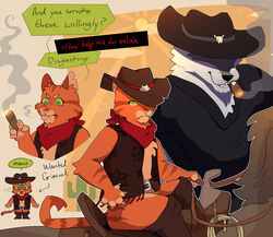  alternate_universe anthro belt belt_buckle black_nose bodily_fluids boots buckle cactus canid canine canis chibi cigar cigar_in_mouth cigar_smoke claws cloak clothed clothing cowboy cowboy_boots cowboy_hat cowboy_outfit death_(puss_in_boots) dialogue domestic_cat dreamworks duo english_text equid equine facial_markings felid feline felis feral fire fluffy footwear frown fur green_eyes grey_body grey_fur grin group handkerchief hat head_markings headgear headwear hi_res holding_object horse interspecies kerchief light light_beam long_tail male male/male mammal markings mask_(marking) object_in_mouth orange_body orange_fur outlaw outside plant poncho prick_ears puss_in_boots_(character) puss_in_boots_(dreamworks) reins riding riding_on_back saddle sharp_teeth signature sitting size_difference smile smirk smoke smoking smoking_cigar speech_bubble standing sun sunbeam sunlight tabby_cat tail talking_to_another talking_to_partner tears teeth text theoriginalkittypet tongue tongue_out topwear trio vest white_body white_claws white_fur wolf 