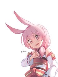  :o animal_ears bare_shoulders female fox_ears hair_between_eyes highres honkai_(series) honkai_impact_3rd korean_commentary looking_at_viewer looking_down open_mouth pink_eyes pink_hair side_ponytail simple_background solo theresa_apocalypse theresa_apocalypse_(sakuno_rondo) v-shaped_eyebrows velcozz white_background 