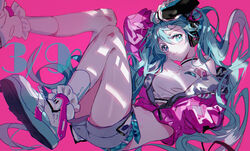  39 alternate_costume arm_over_head bag bare_legs belt blue_eyes blue_hair blue_nails breasts closed_mouth commentary crop_top curly_hair eyelashes female fingernails floating_hair full_body grey_shorts hair_between_eyes handbag happy hatsune_miku headset high_collar highres hitokoto jacket knees_together_feet_apart large_breasts leg_up light long_hair looking_at_viewer midriff number_tattoo open_clothes open_jacket partially_unzipped pink_background pink_jacket shaded_face shirt shoes shorts simple_background sitting smile sneakers socks solo solwa symbol-only_commentary tattoo thighs very_long_hair vocaloid white_footwear white_shirt white_socks 