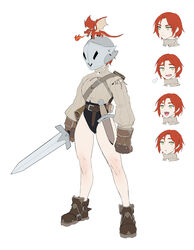  :d bad_id bad_pixiv_id belt breasts brown_belt brown_footwear brown_gloves clenched_hand dagger dongho_kang dragon expressions female fire full_body gloves helm helmet highres knife long_sleeves medium_breasts multiple_views original red_hair short_hair small_dragon smile standing weapon 