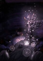  absurdres bug cliff dream_catcher female flower from_behind glowing grey_cloak highres hollow_knight moth no_humans radiance_(hollow_knight) rock seer_(hollow_knight) statue tombstone ugly_cat 