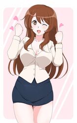  ;d aged_up arms_up asahina_mikuru asahina_mikuru_(adult) black_skirt blush border bracelet breasts brown_eyes brown_hair cleavage commentary_request female hair_between_eyes heart highres jewelry large_breasts long_hair long_sleeves looking_at_viewer mole mole_on_breast one_eye_closed open_mouth osage_gankyou pencil_skirt pink_background shirt skirt smile solo suzumiya_haruhi_no_yuuutsu thighs white_border white_shirt 