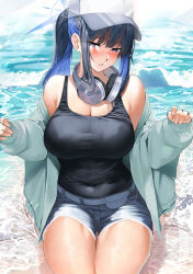  bare_shoulders baseball_cap black_camisole black_hair blue_archive blue_eyes blue_hair blush breasts camisole cleavage colored_inner_hair cutoffs female green_jacket grey_shorts halo hat headphones headphones_around_neck highres jacket kawai_(purplrpouni) large_breasts long_hair long_sleeves looking_at_viewer multicolored_hair off_shoulder open_clothes open_jacket ponytail saori_(blue_archive) saori_(swimsuit)_(blue_archive) short_shorts shorts sidelocks sitting solo thighs white_hat 