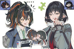  2girls ahoge black_gloves black_hair blue_jacket chibiya1010 clothes_writing commentary fingerless_gloves gloves grey_eyes highres jacket jane_doe_(zenless_zone_zero) kissing long_hair multiple_girls nail_polish open_clothes open_jacket open_mouth orange_eyes ponytail red_nails white_background yuri zenless_zone_zero zhu_yuan 